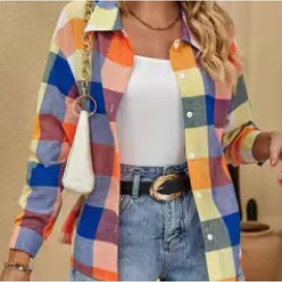 NWT Womens Colorful Plaid Flannel Button Down Blouse - Picture 4 of 14
